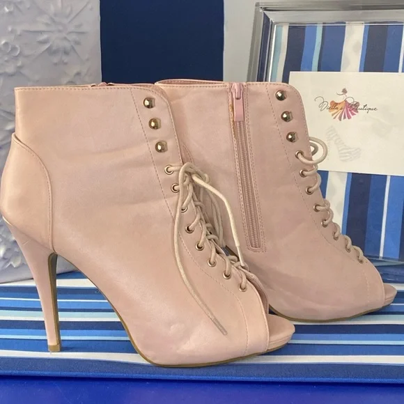 Light pink lace up peep toe ankle high heel zipper booties size 10 - Picture 8 of 14